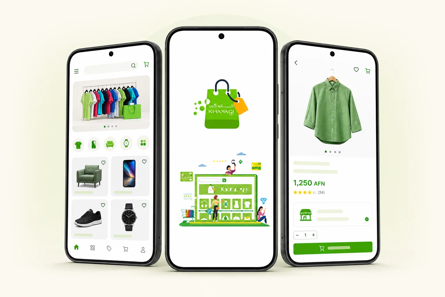 Khanagi mobile app showing the marketplace, splash screen, and a product page